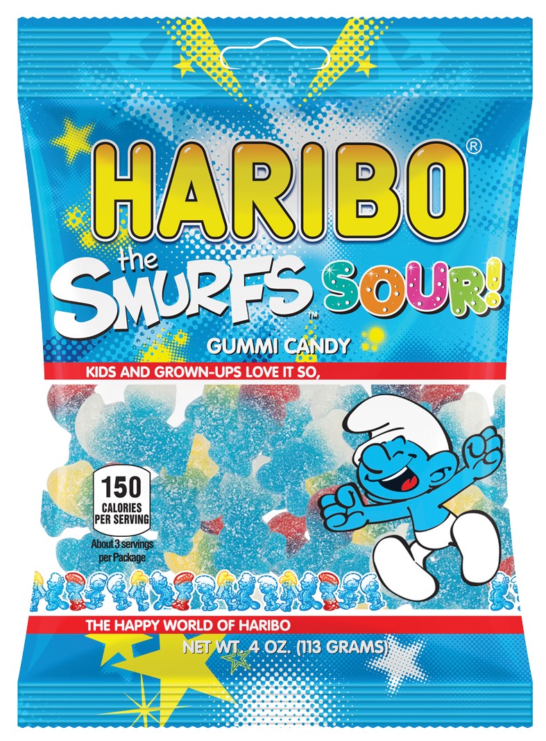 Haribo Confectionery Sour Smurfs 4 Ounce Size - 12 Per Case.