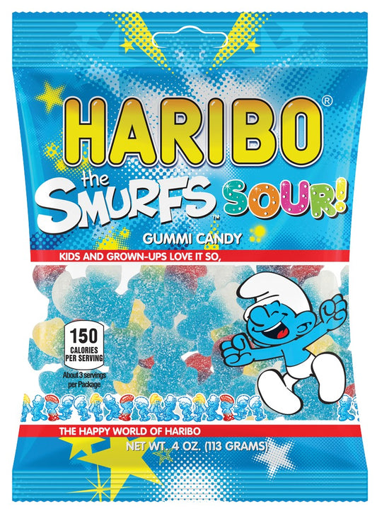 Haribo Confectionery Sour Smurfs 4 Ounce Size - 12 Per Case.