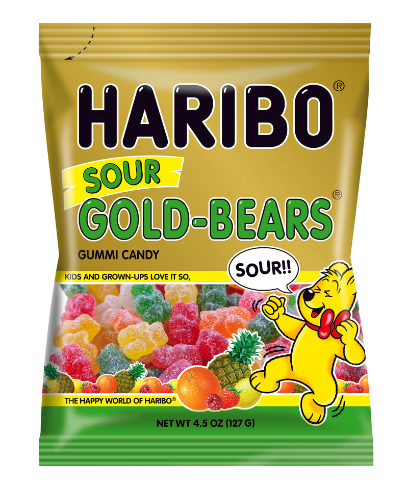 Haribo Confectionery Sour Gold Bears 4.5 Ounce Size - 12 Per Case.