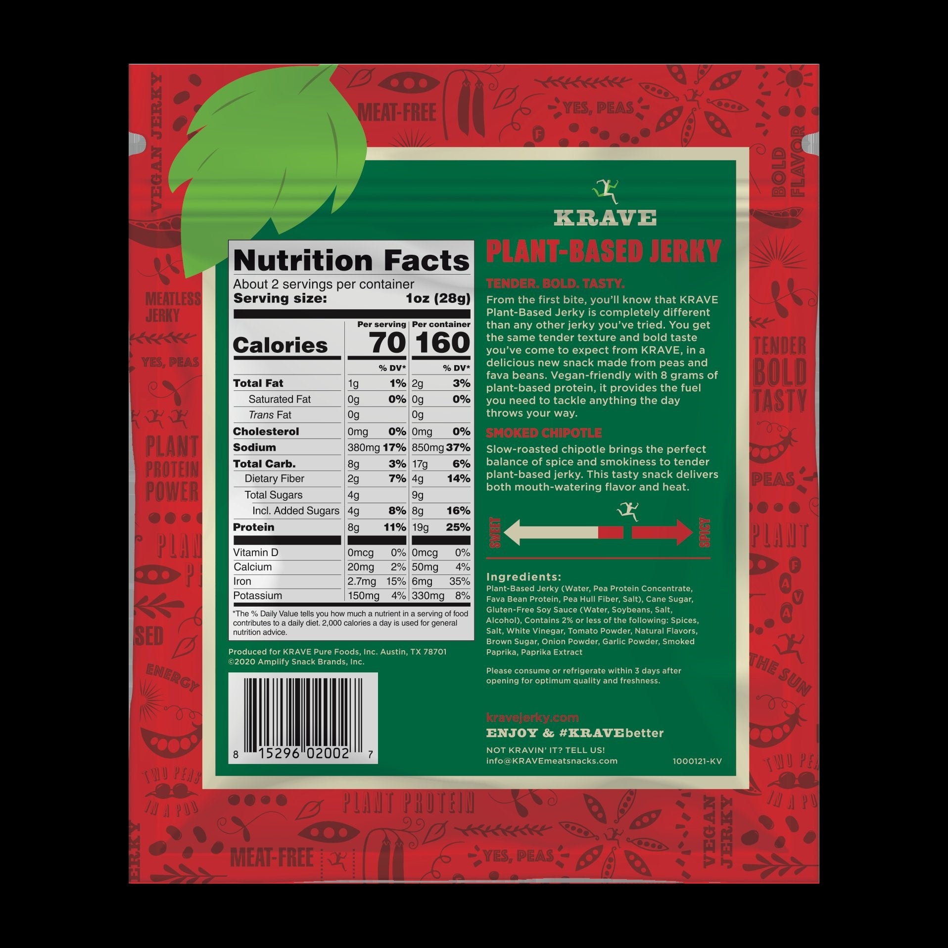 Krave Seamless Chipotle Plant Based Jerky 2.2 Ounce Size - 8 Per Case.