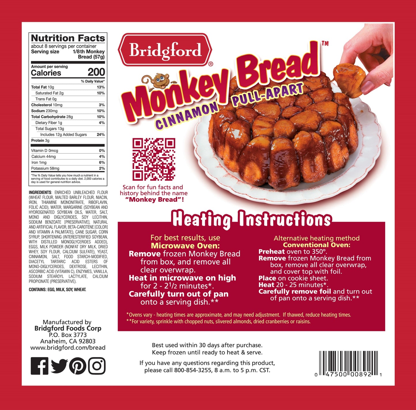 Bridgford Cinnamon Monkey Bread 16 Ounce Size - 8 Per Case.