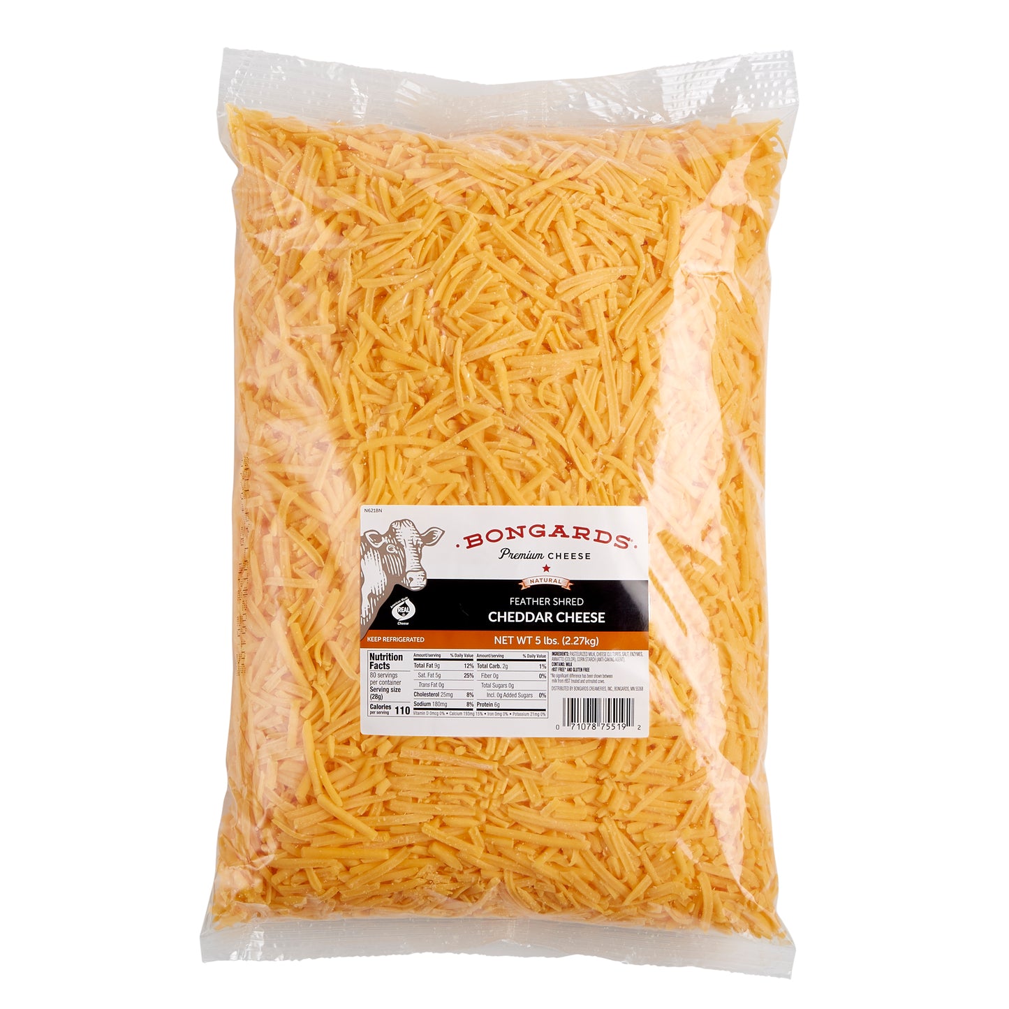 Bongards Yellow Cheese Cheddar Feather Shred 5 Pound Each - 4 Per Case.