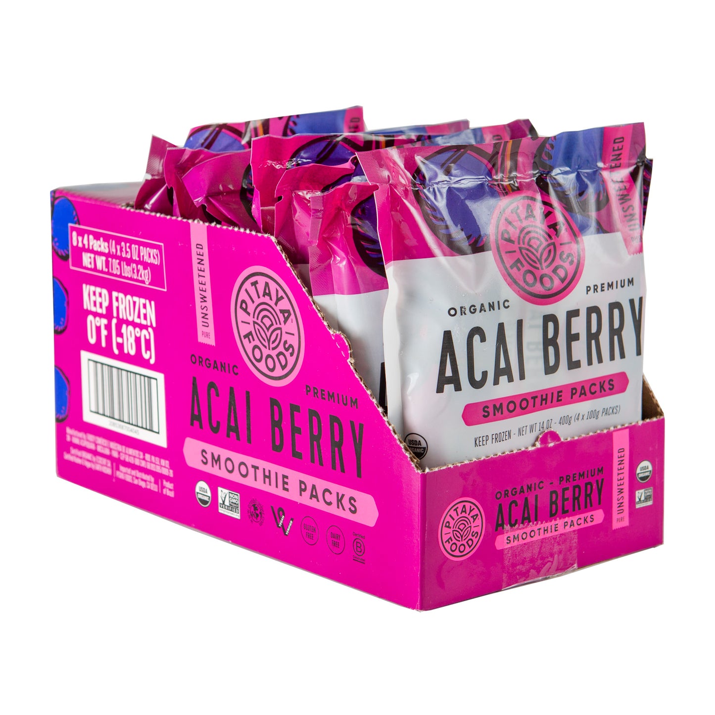 Pitaya Plus Organic Acai Pure Smoothie Packs 14 Ounce Size - 8 Per Case.