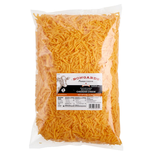 Bongards Cheese Yellow Reduced Fat Cheddar Feather Shred 5 Pound Each - 4 Per Case.