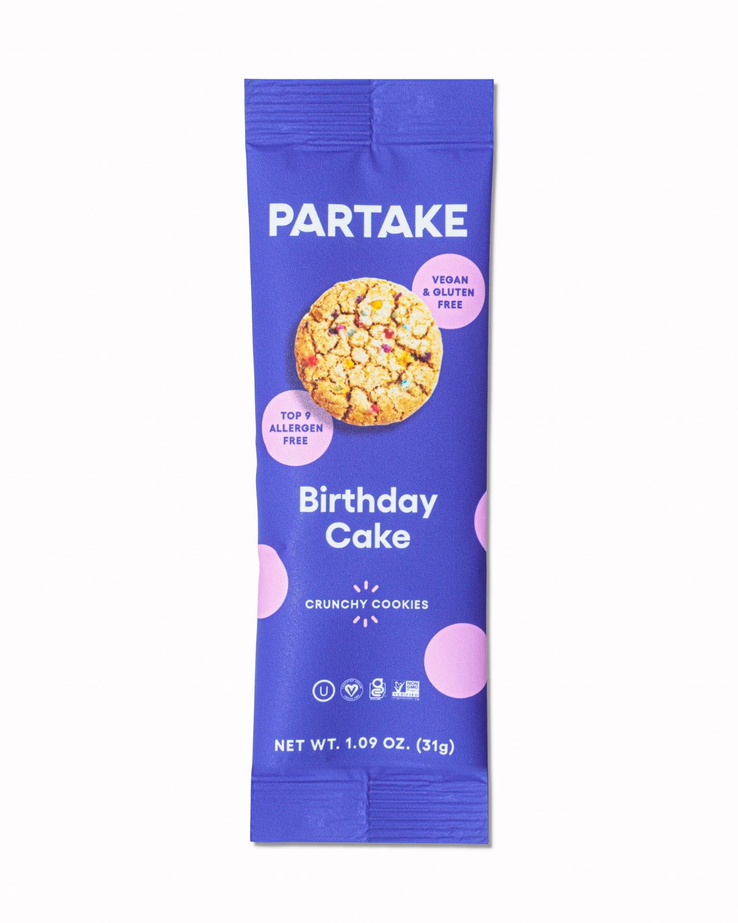 Partake Foods Crunchy Birthday Cake Cookies 1 Ounce Size - 24 Per Case.