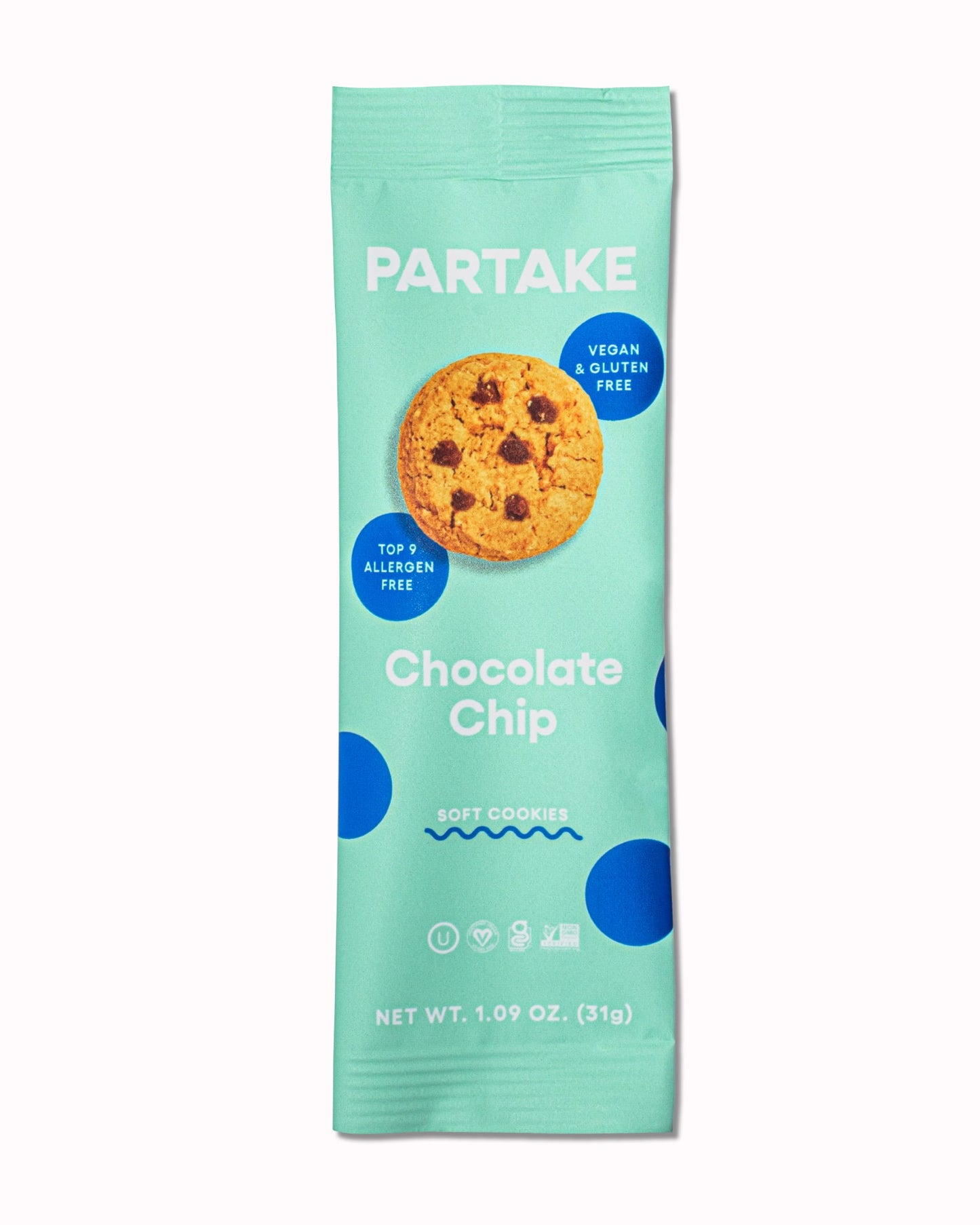 Partake Foods Soft Baked Chocolate Chip Cookies Snack 1 Ounce Size - 24 Per Case.