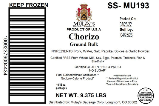 Mulay Chorizo Sausage Ground (Ground Packages) 15 Ounce Size - 10 Per Case.