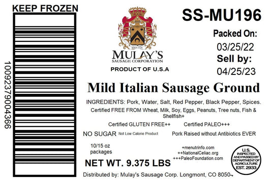 Mulay Mild Italian Sausage Ground (Ground Packages) 15 Ounce Size - 10 Per Case.