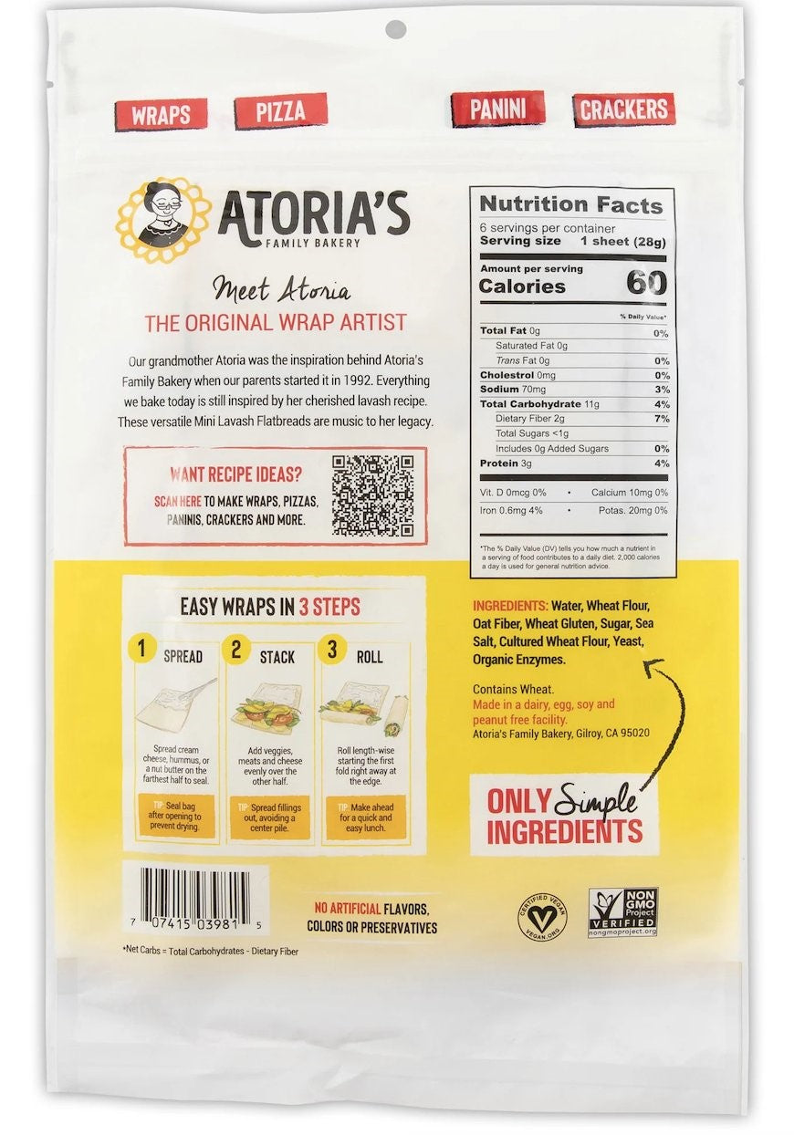 Atoria's Family Mini Traditional Lavash 8 Ounce Size - 8 Per Case.