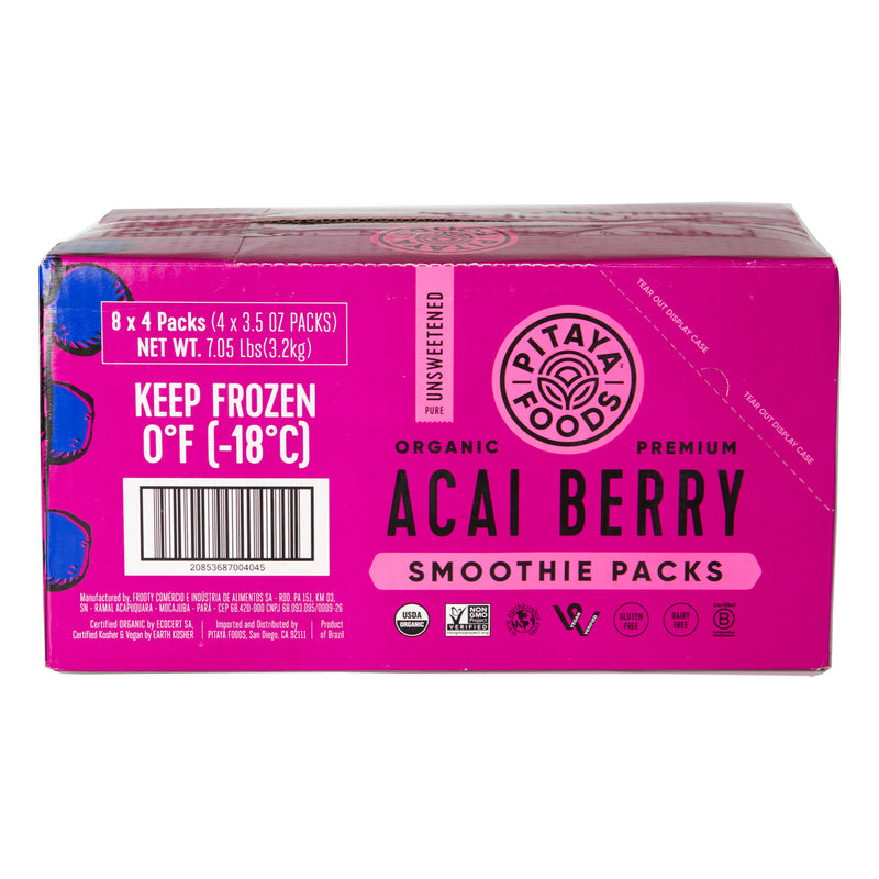 Pitaya Plus Organic Acai Pure Smoothie Packs 14 Ounce Size - 8 Per Case.