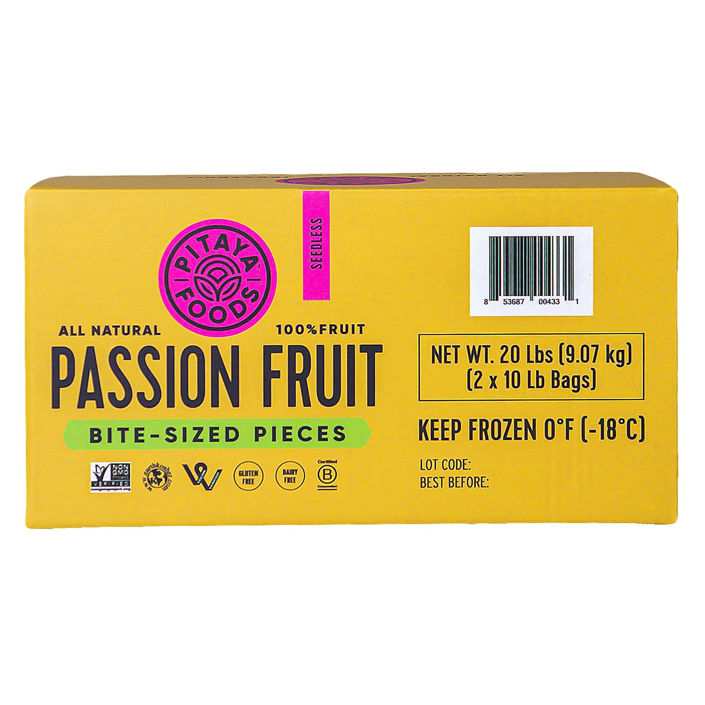 Pitaya Plus Seedless Passion Fruit Cubes 20 Pound Each - 1 Per Case.