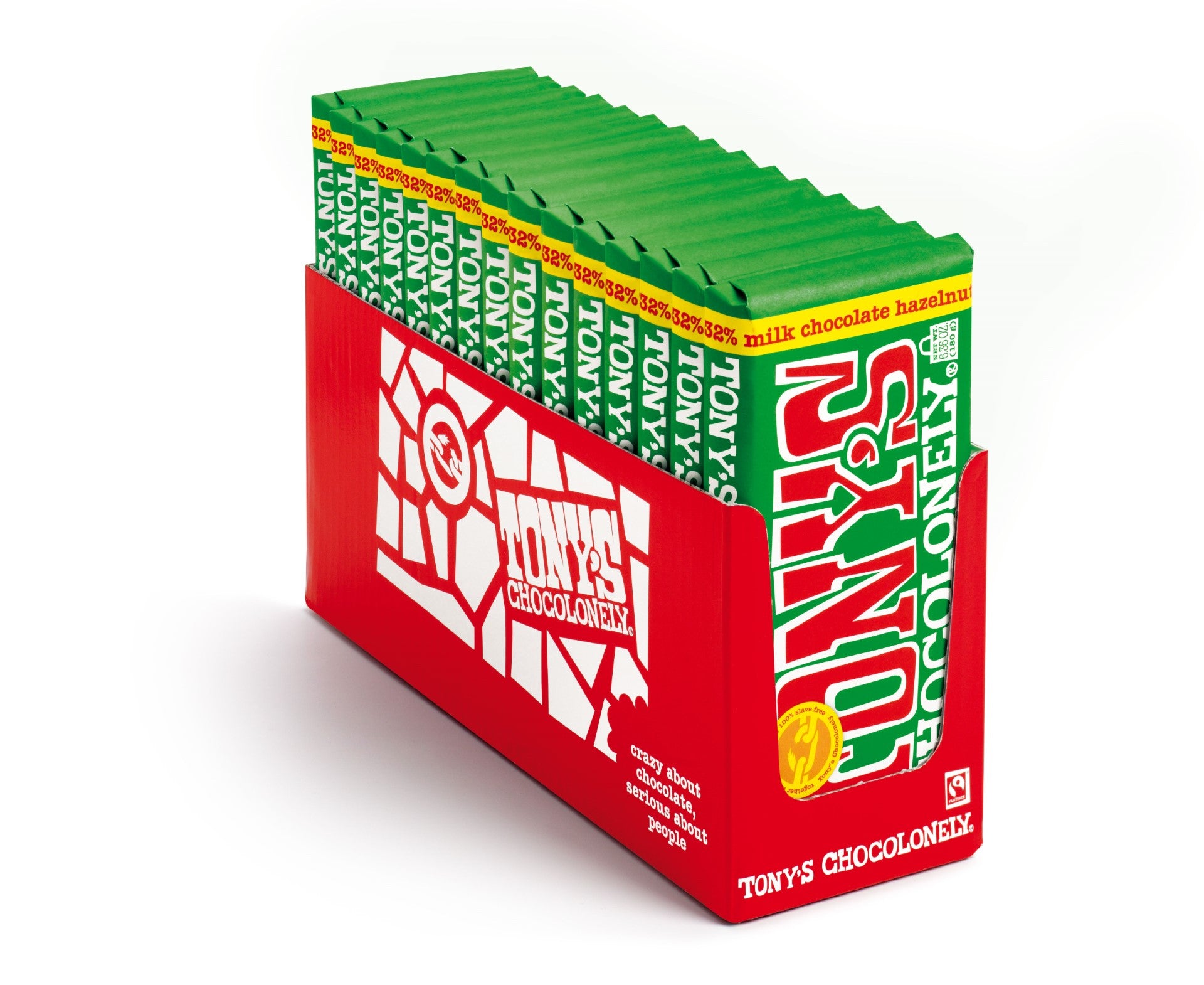Tony's Chocolonely Milk Hazelnut Bar 6.35 Ounce Size - 15 Per Case.
