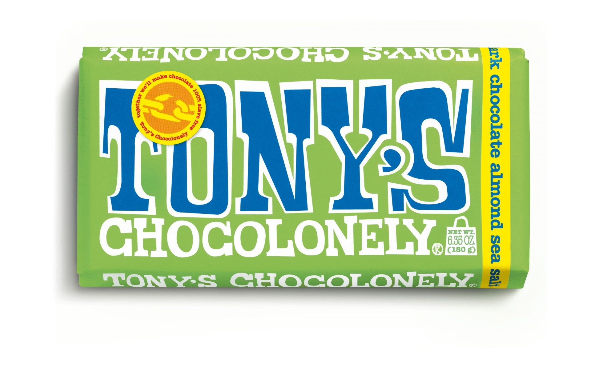 Tony's Chocolonely Dark Chocolate Bar With Almonds & Sea Salt 6.35 Ounce Size - 15 Per Case.