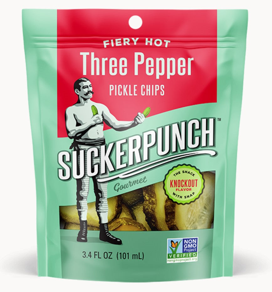 Suckerpunch Gourmet Pepper Fire Pickle Chip Pouch 3.4 Ounce Size - 12 Per Case.