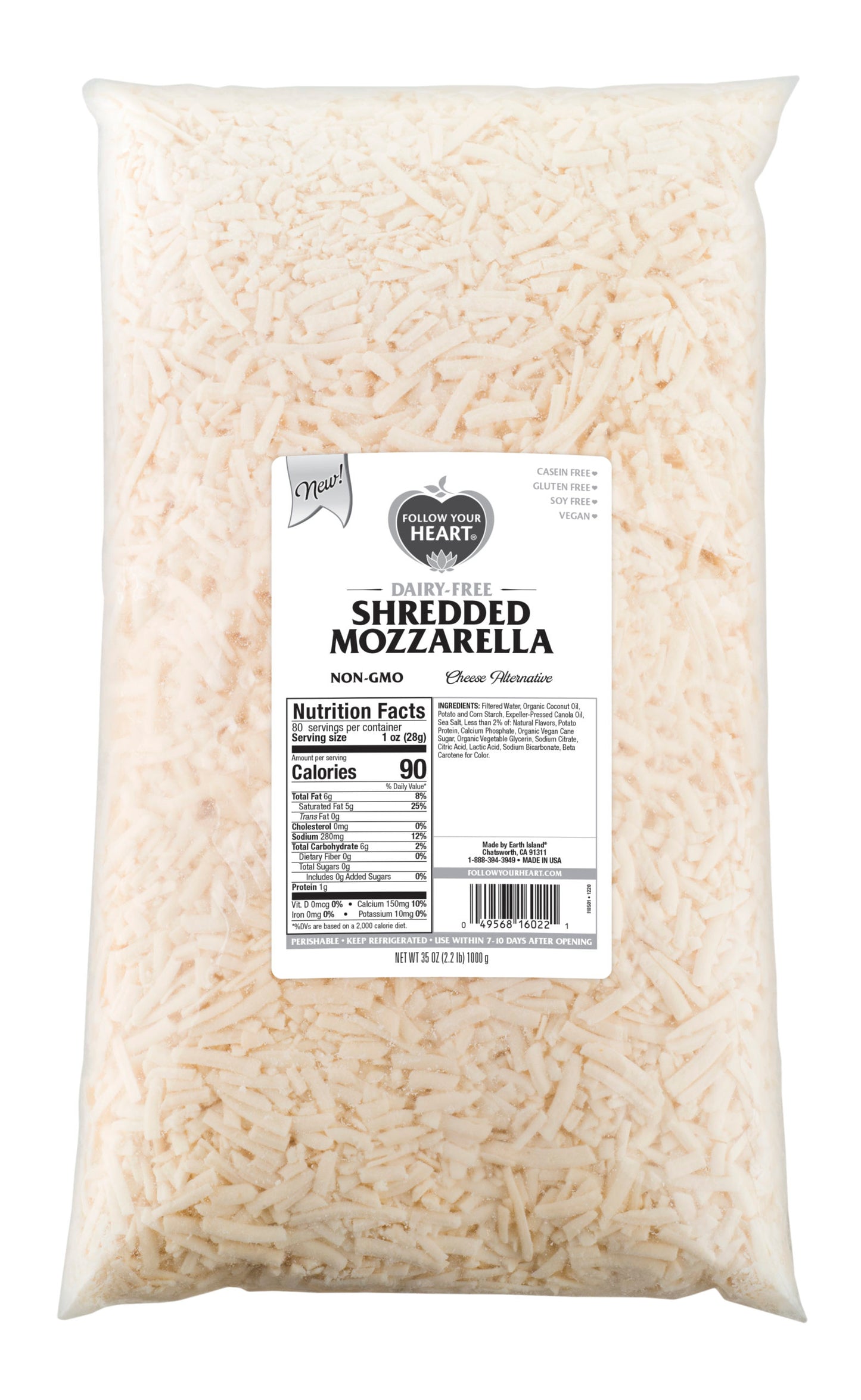 Dairy Free Cheese Mozzarella Style Shredded 2.2 Pound Each - 6 Per Case.