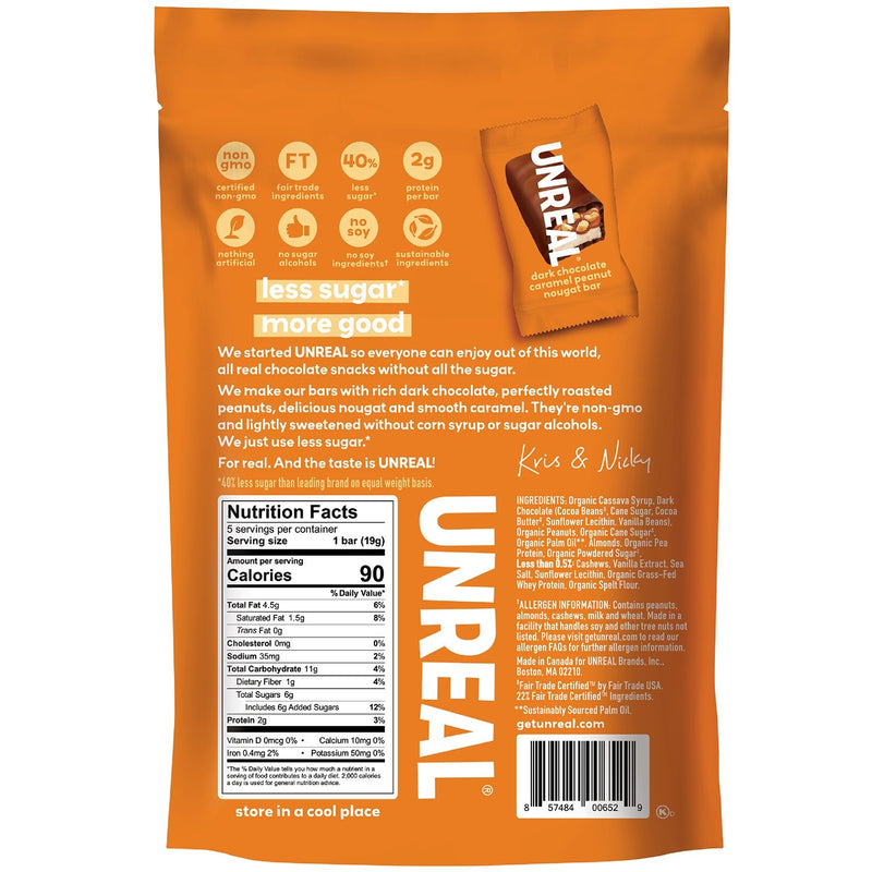 Unreal Brands Dark Chocolate Caramel Peanut Nougat Bars 3.4 Ounce Size - 6 Per Case.