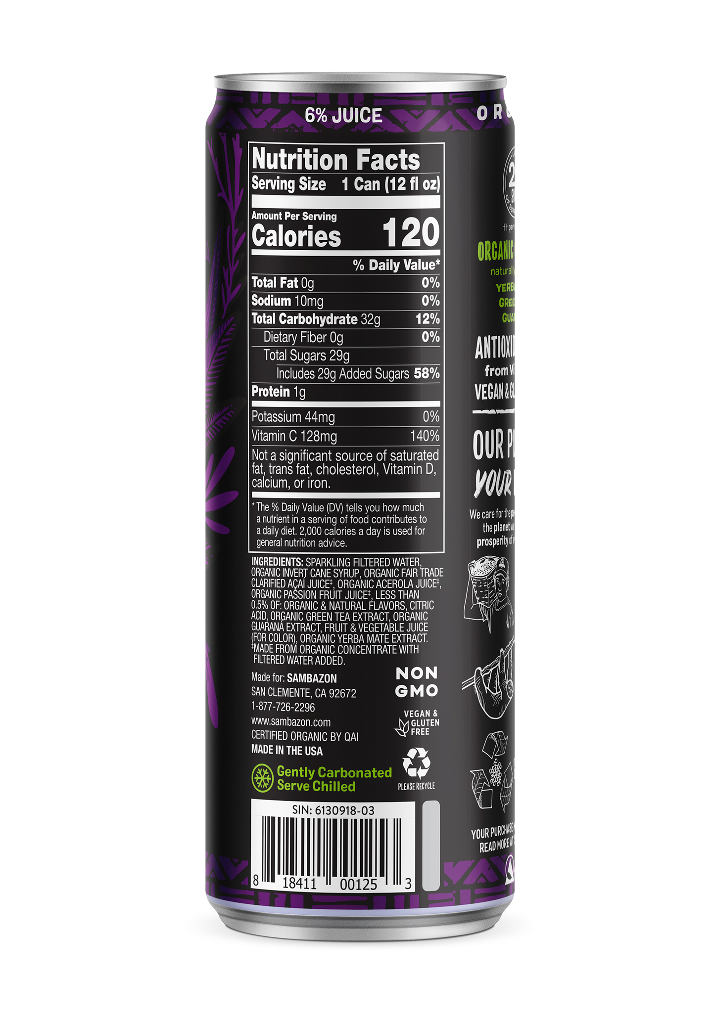 Sambazon Jungle Love Amazon Energy Acai Berry Passionfruit Energy Drink Organic 12 Fluid Ounce - 12 Per Case.