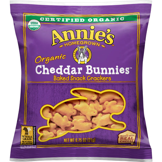 Annie's™ Organic Snack Crackers Single Serve Cheddar Bunnies™ 0.75 Ounce Size - 100 Per Case.