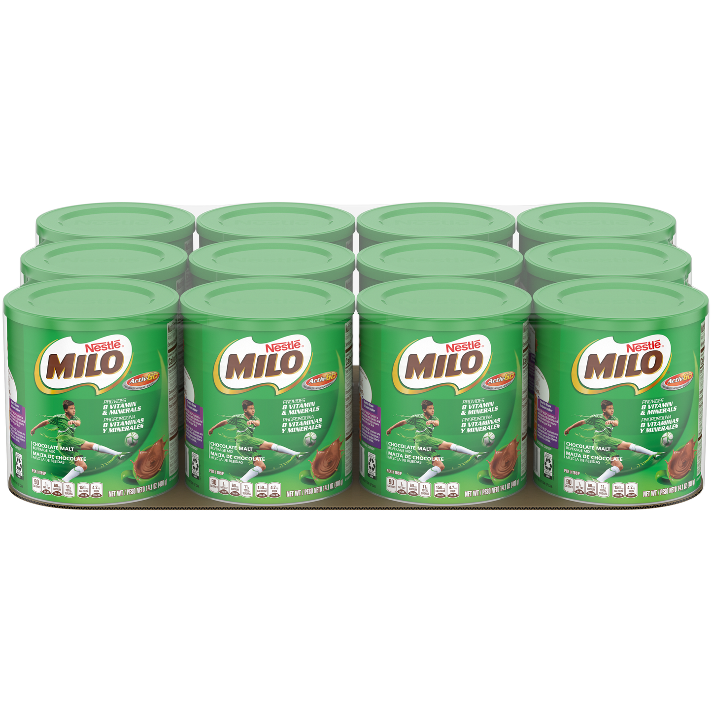 Nestle Milo Chocolate Malt Beverage Mix Canisters 14.1 Ounce Size - 12 Per Case.