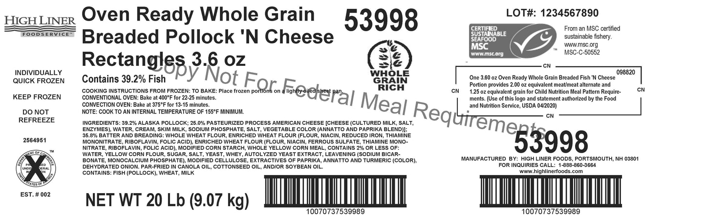 Oven Ready Whole Grain Breaded Pollock 'n Cheese Rectangles Msc 20 Pound Each - 1 Per Case.