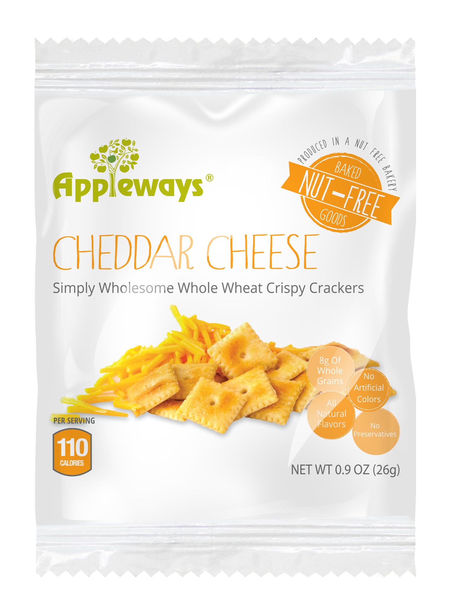 Appleways Whole Grain Cheddar Cheese Crispy Crackers Individually Wrapped 1 Count Packs - 108 Per Case.