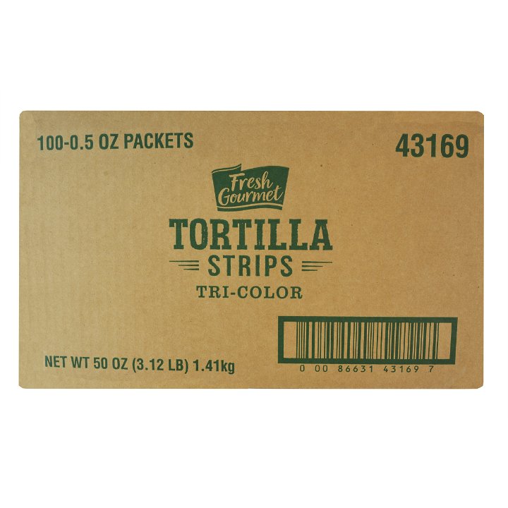 Fresh Gourmet Tortilla Strips Tri-Color 0.5 Ounce Size - 100 Per Case.