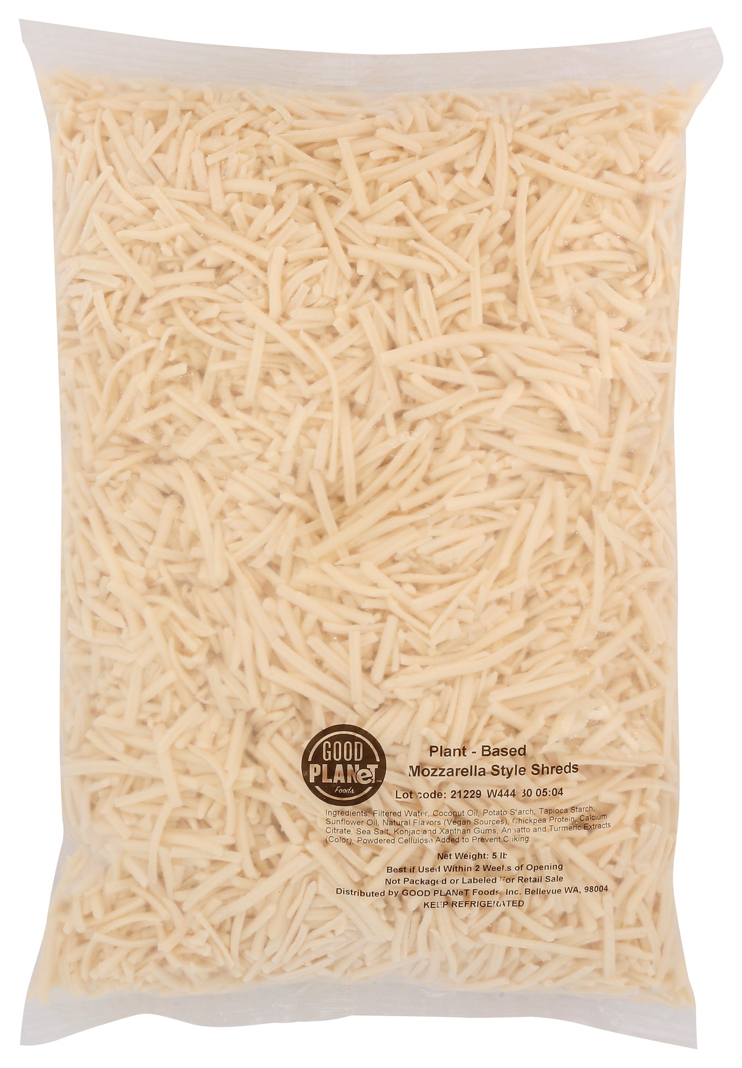 Good Planet Foods Mozzarella Shreds Plant Based Cheese 5 Pound Each - 4 Per Case.