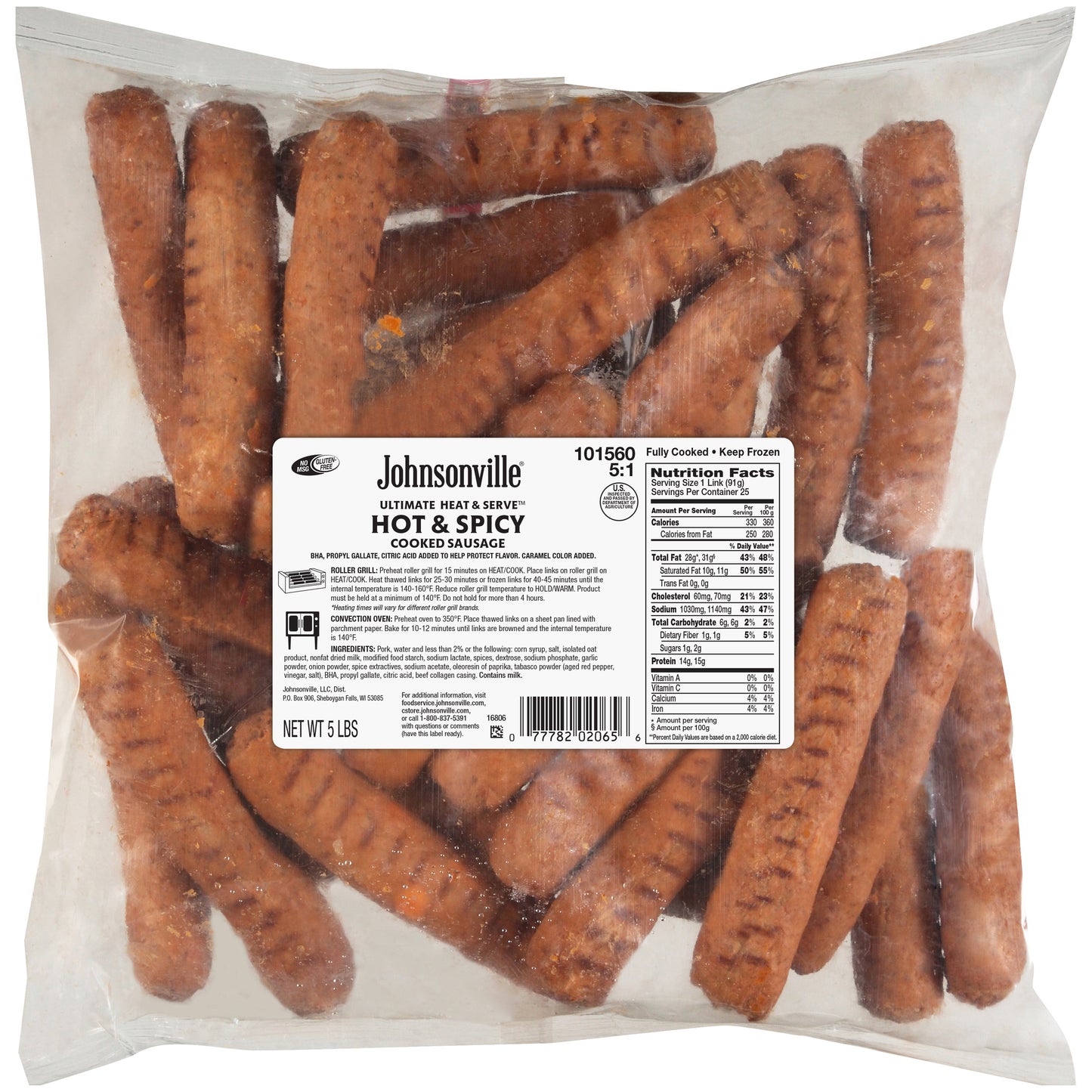 Johnsonville Ultimate Heat & Serve Hot & Spicy Pork Sausage Links Food 5 Pound Each - 2 Per Case.