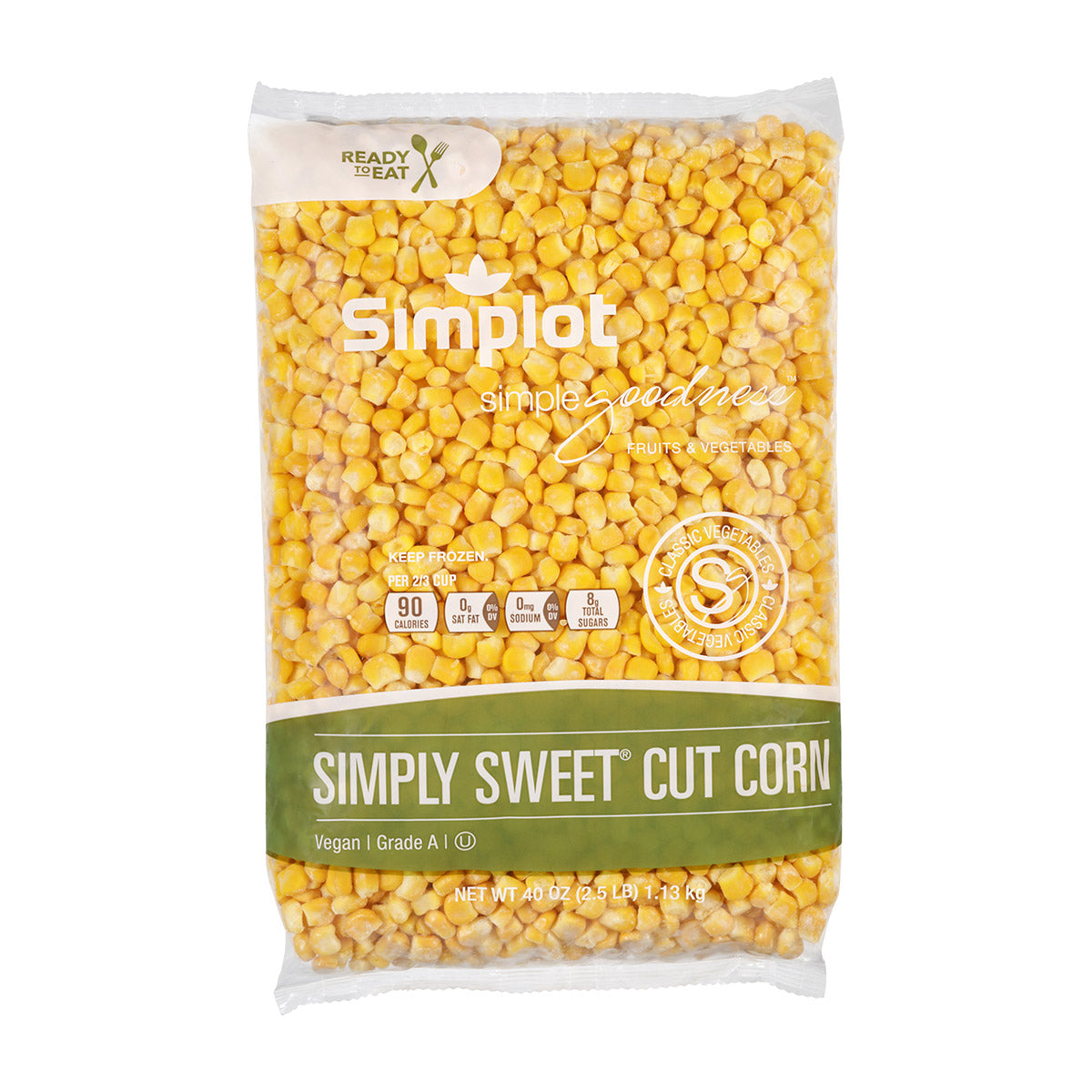 Simplot Simple Goodness Classic Vegetables Rte Cut Corn Simply Sweet 2.5 Pound Each - 12 Per Case.