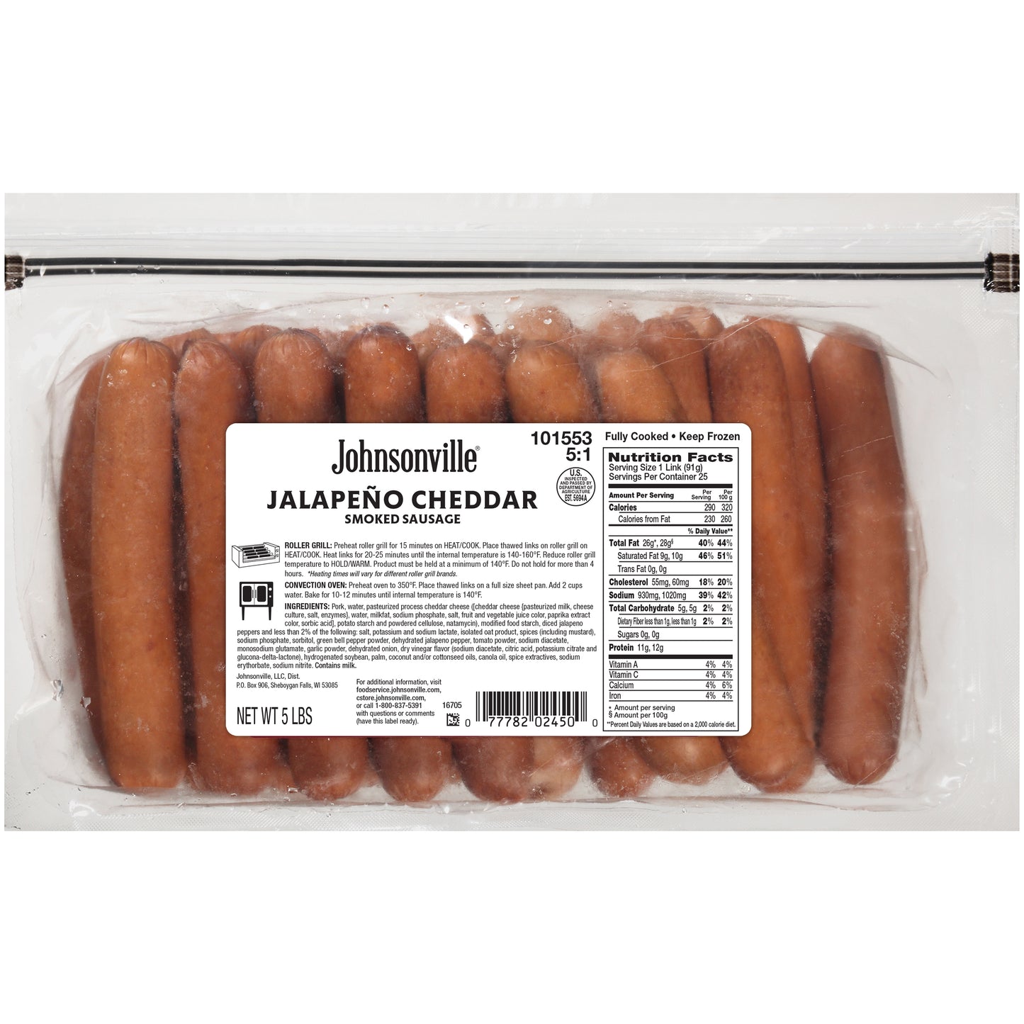 Johnsonville Cooked Skinless Jalapeno & Cheddar Pork Sausage Links Food 5 Pound Each - 2 Per Case.