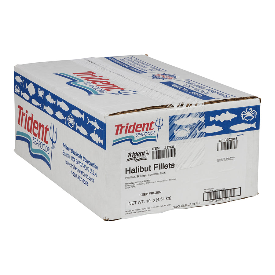 Trident Seafoods 8 Ounce Boneless Skinless Vacuum Packed Halibut Fillet 10 Pound Each - 1 Per Case.