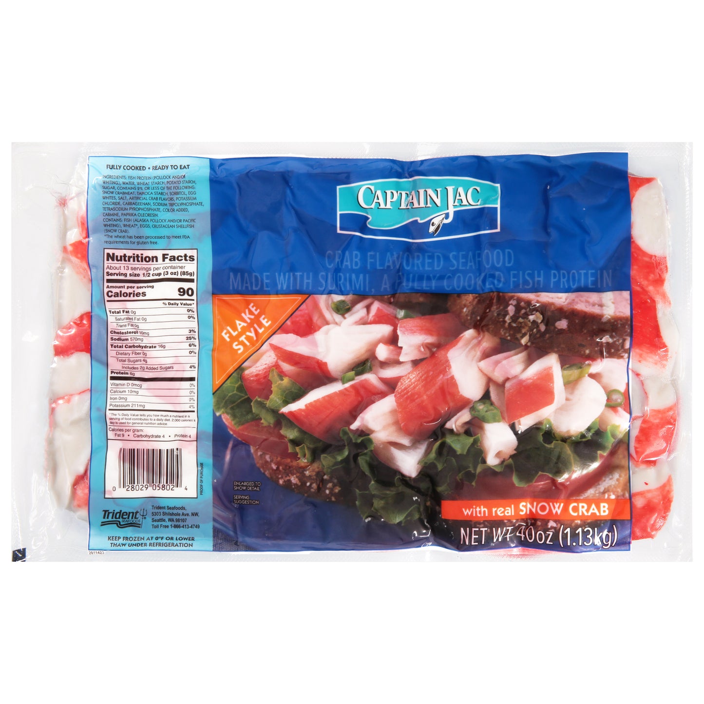 Surimi Imitation Crabmeat Flake Frozen Fully Cooked Vacuum Packed 2.5 Pound Each - 12 Per Case.