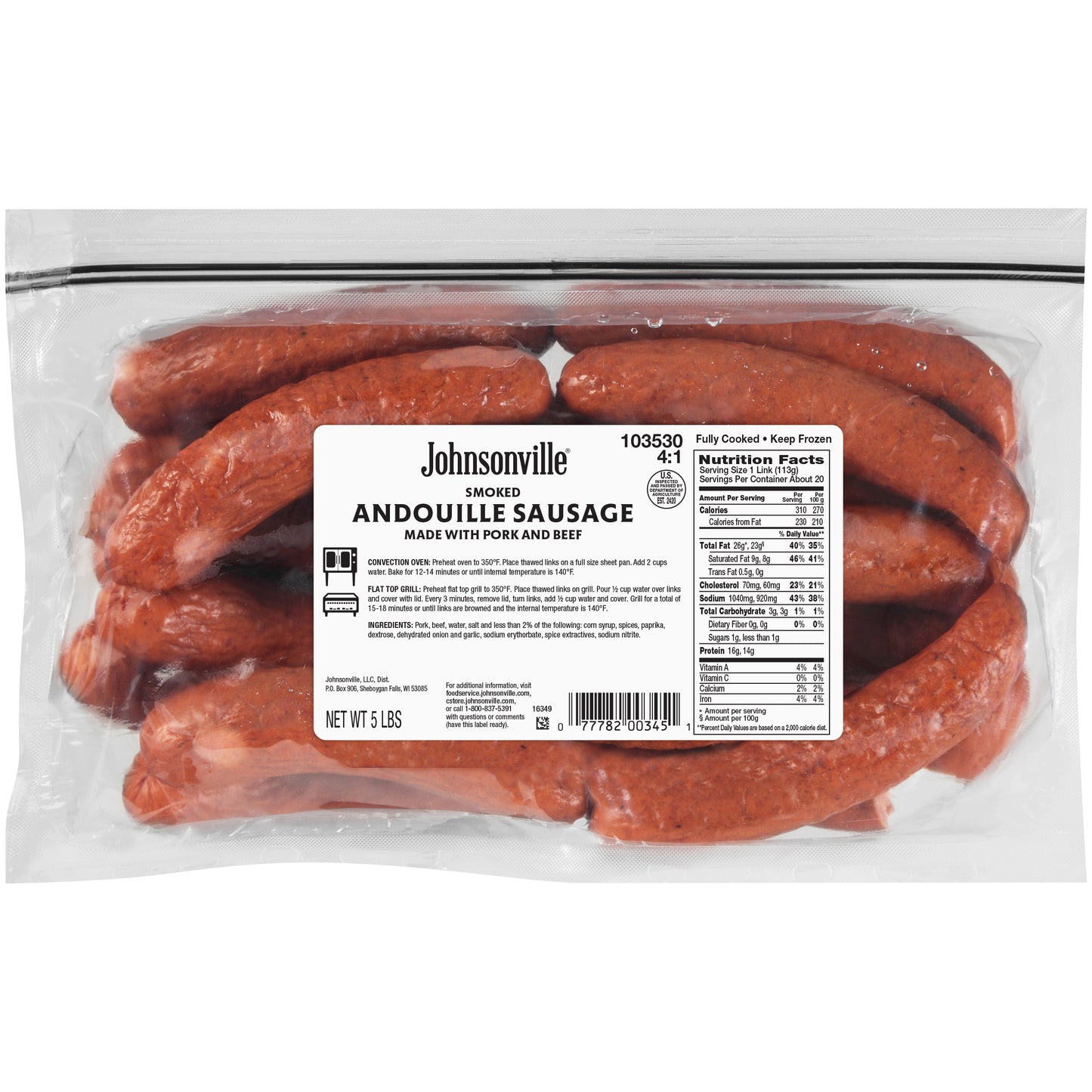 Johnsonville Cooked Natural Casing Smoked Andouille Pork & Beef Sausage 6" Links 5 Pound Each - 2 Per Case.