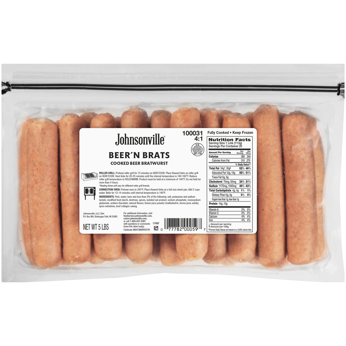 Johnsonville Cooked Beer 'n Bratwurst Pork Sausage Links Foodservice 5 Pound Each - 2 Per Case.