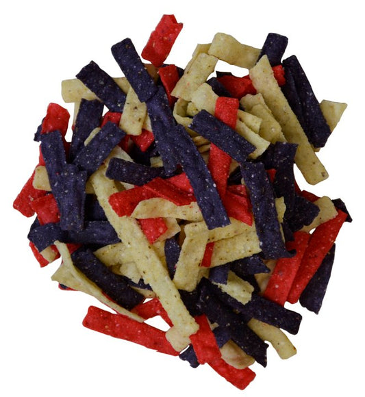 Fresh Gourmet Tortilla Strips Tri-Color 0.5 Ounce Size - 100 Per Case.