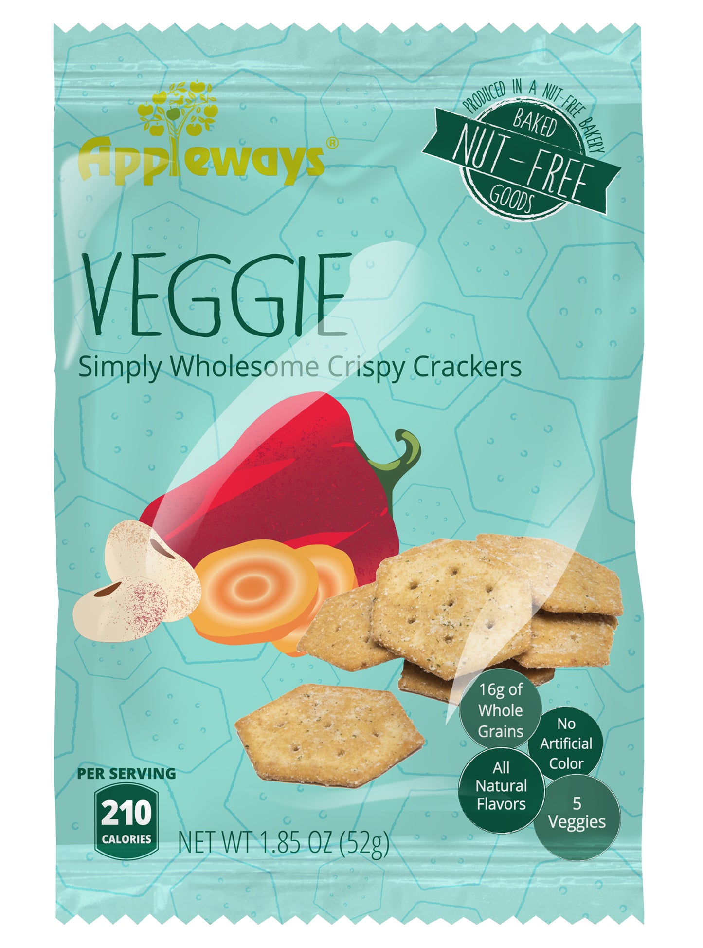 Appleways Whole Grain Veggie Crispy Crackers Individually Wrapped1.85 Ounce Size - 180 Per Case.