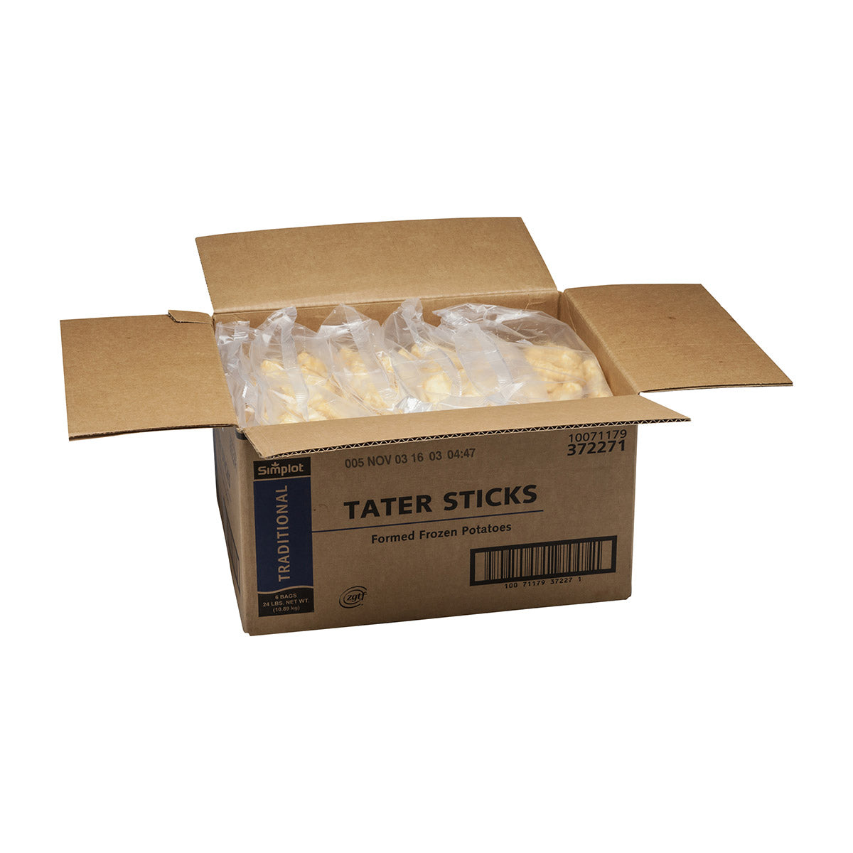 Simplot Traditional Tater Sticks 4 Pound Each - 6 Per Case.