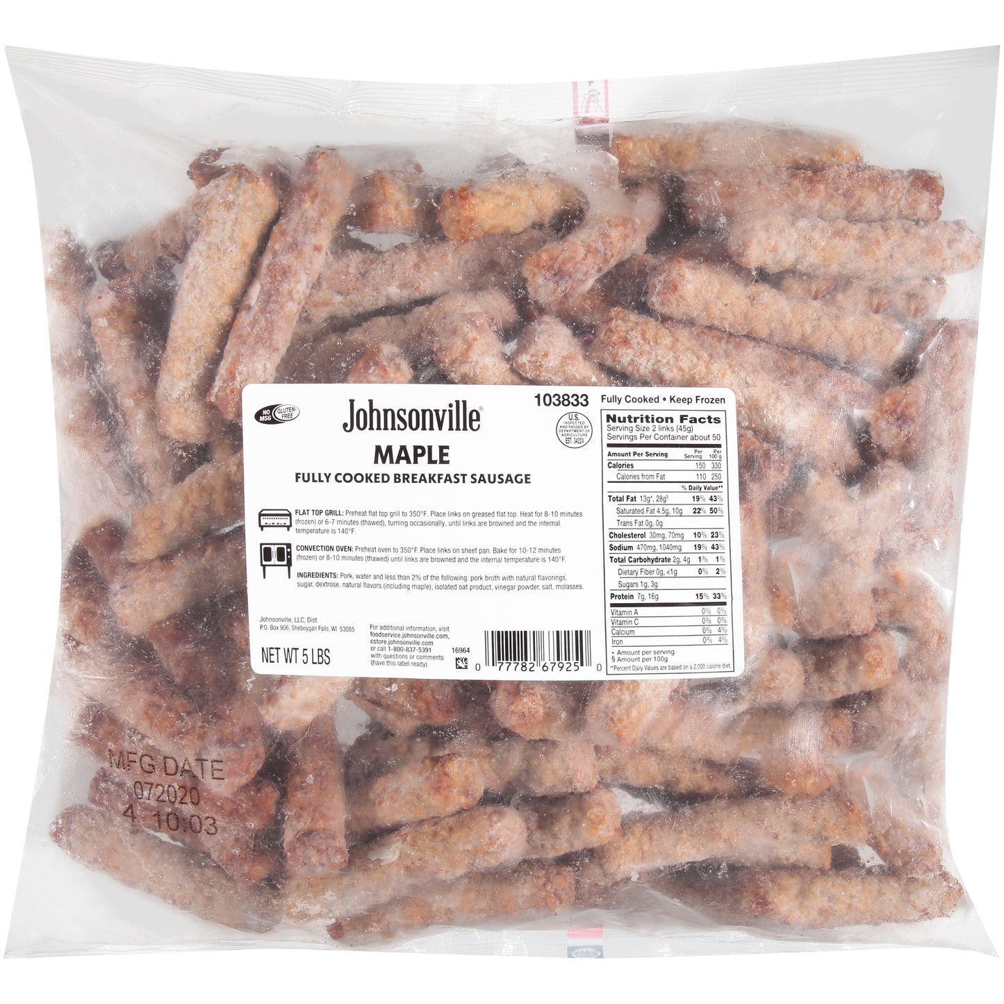 Johnsonville Cooked Maple Breakfast Pork Sausage Links Pound BagCase Food Service 5 Pound Each - 2 Per Case.