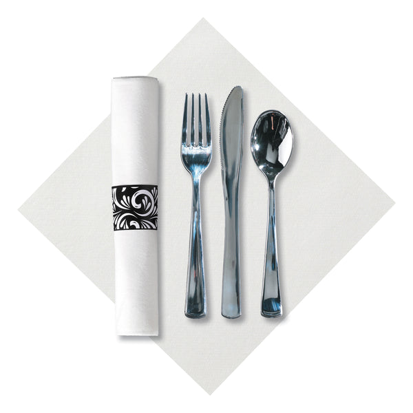 Caterwrap® K White Linen Like Napkin Plastic Metallic With Scroll Band Bagged 50 Count Packs - 2 Per Case.