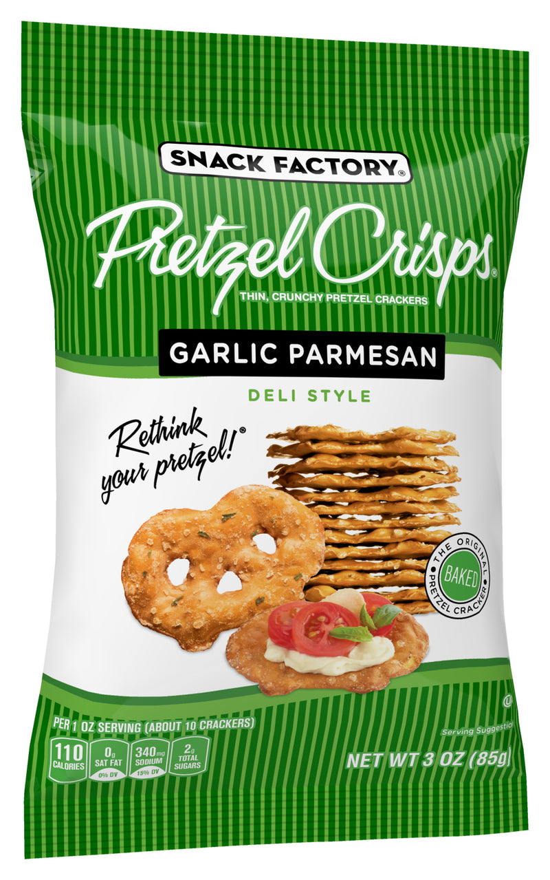 Pretzel Crisps Garlic Parmesan 3 Ounce Size - 8 Per Case.