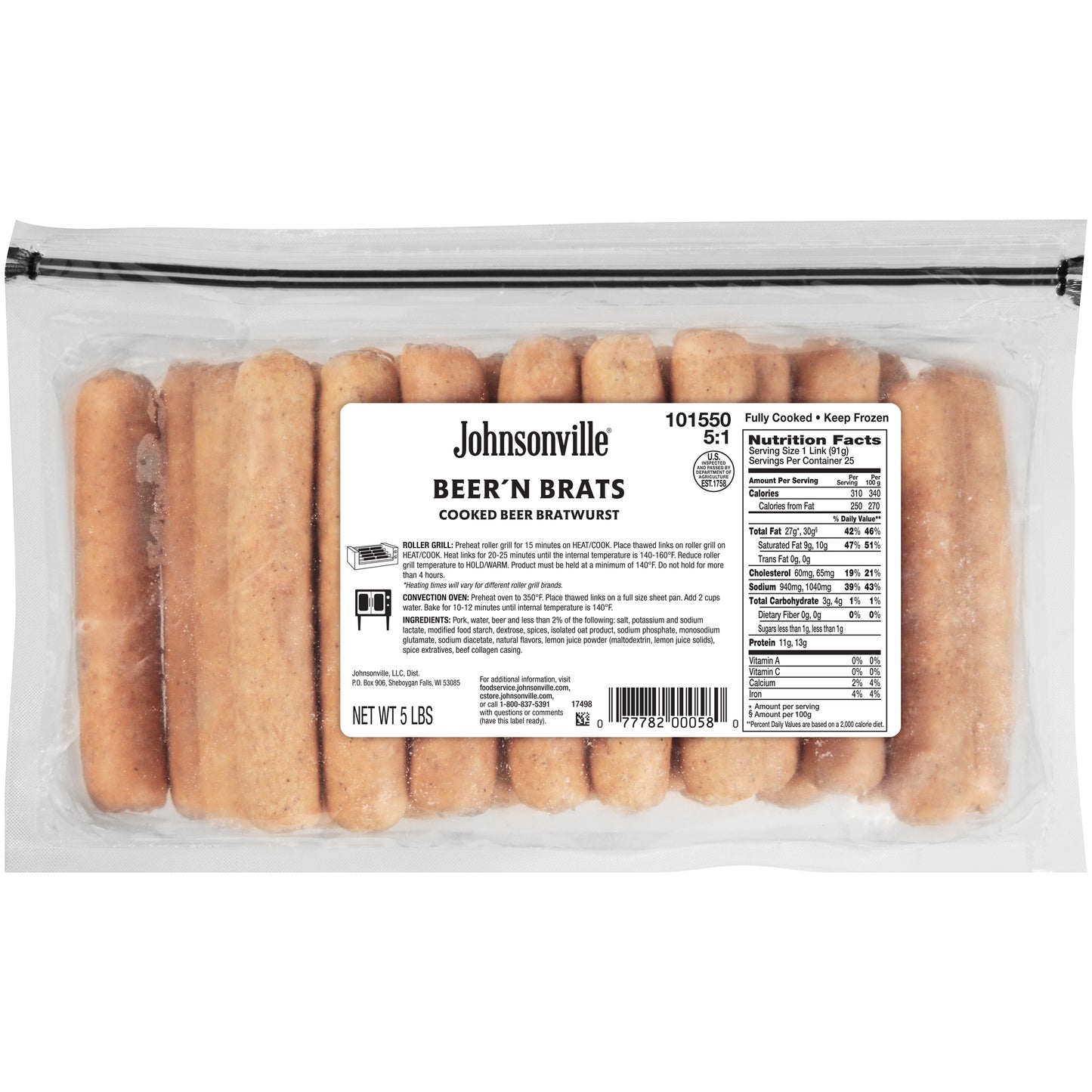 Johnsonville Cooked Beer 'n Bratwurst Pork Sausage Links Foodservice 5 Pound Each - 2 Per Case.