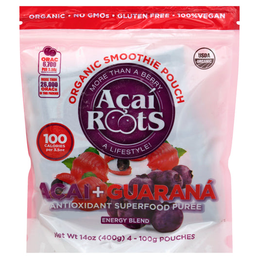 Acai Roots Acai Guarana Energy Pouches Organic Premium 4 Count Packs - 16 Per Case.