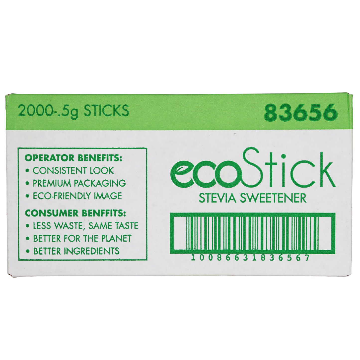 Ecostick Sugar Substitute Stevia Green Sticks 0.5 Grams Each - 2000 Per Case.