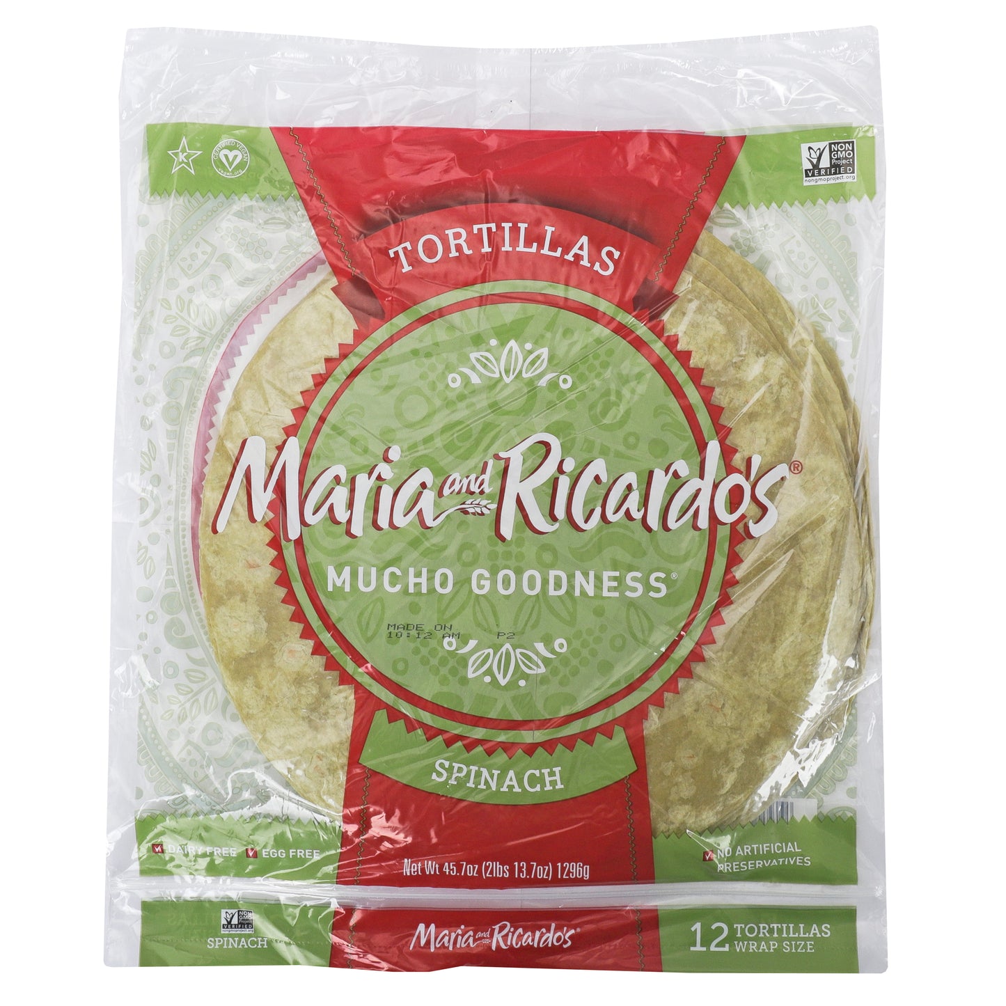 Maria & Ricardo's Spinach Flour Tortillas 12 Inch 12 Count Packs - 10 Per Case.