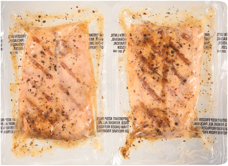 Salmon Portions Boneless Skinless Fully Cooked Redi Grilled Twin Vacuum Packed 0.75 Pound Each - 14 Per Case.