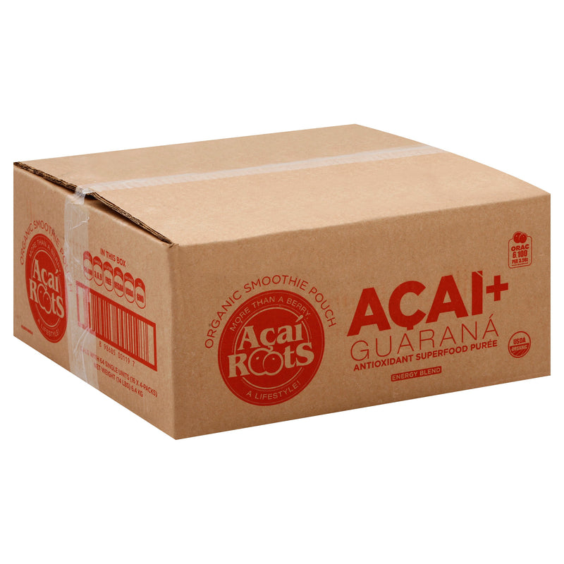 Acai Roots Acai Guarana Energy Pouches Organic Premium 4 Count Packs - 16 Per Case.