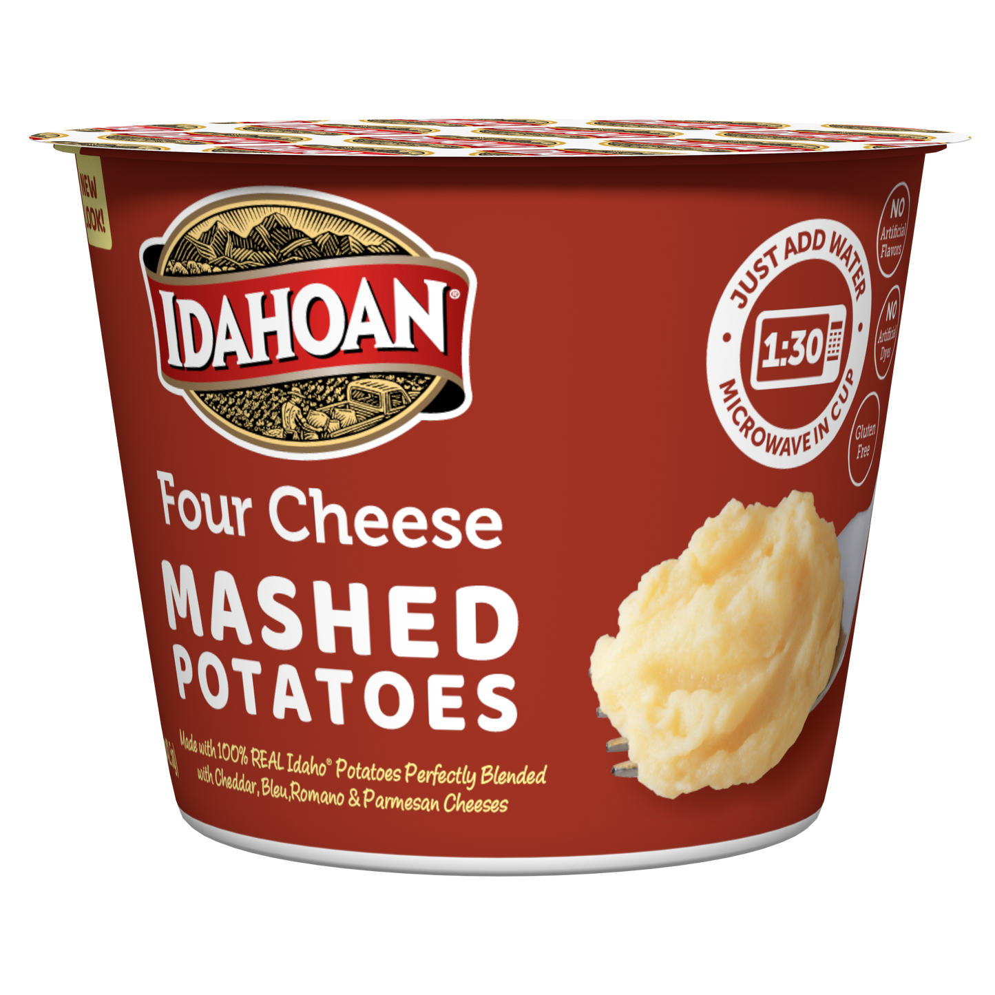 Idahoan Foods Four Cheese Mashed Cup 1.5 Ounce Size - 10 Per Case.