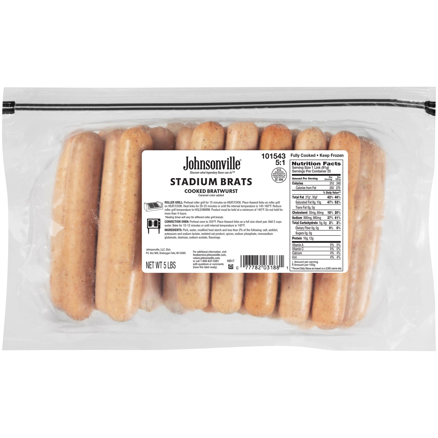 Johnsonville Cooked Skinless Stadium Style Pork Sausage Bratwurst Links 5 Pound Each - 2 Per Case.