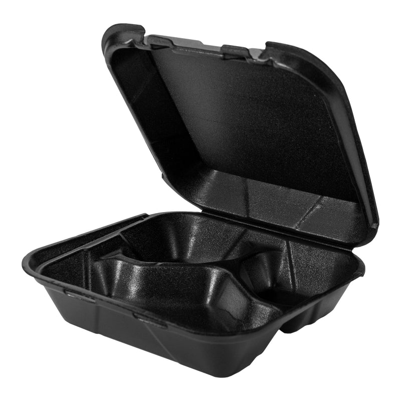 Medium Compartment Snap It Foam Hinged Dinner Container Black 100 Each - 200 Per Case.