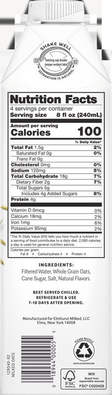 Elmhurst Milked Milked Oats 32 Fluid Ounce - 6 Per Case.
